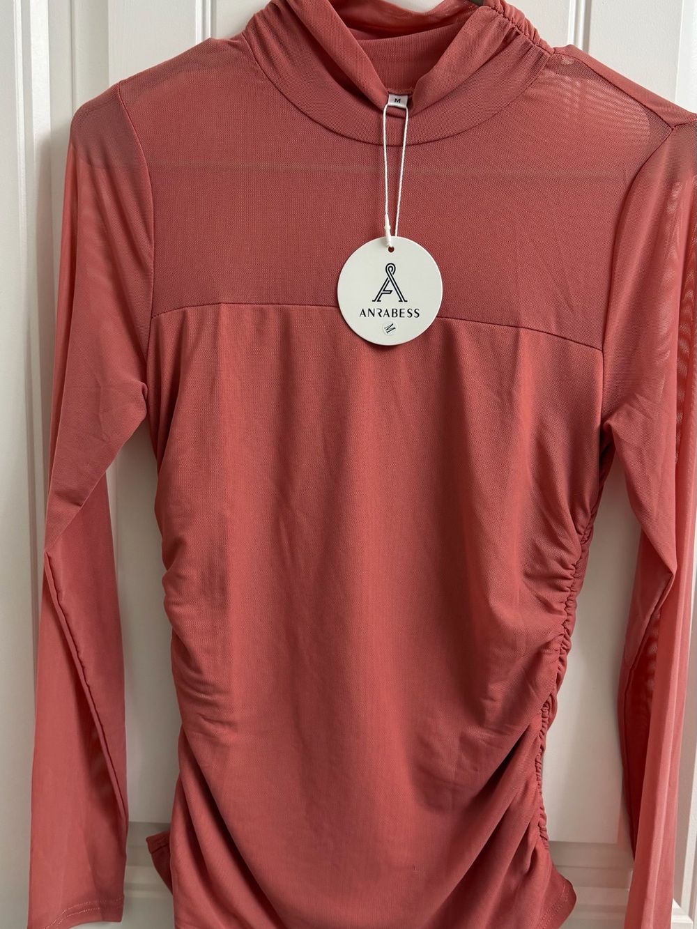 Anrabess Long-Sleeve Mock Neck Top in Coral Rose